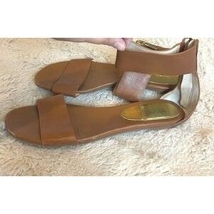 Michael Kors Tan Brown Leather Ankle Strap Flat Sandals Gold Zipper Back